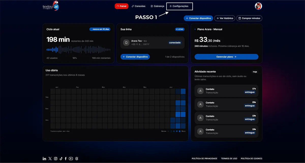 Painel da Textou.ai com acesso às configurações