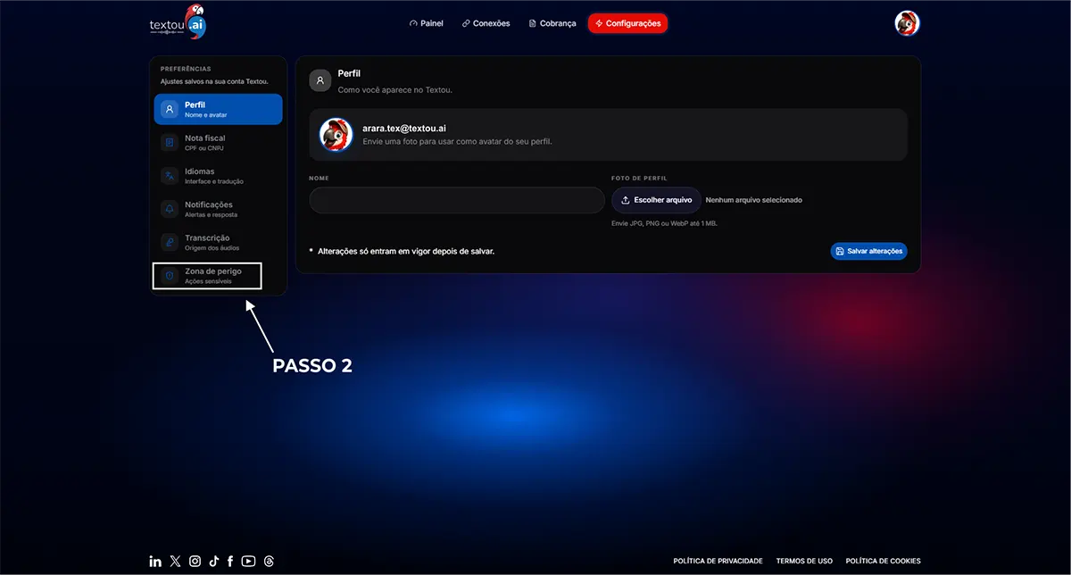 Configurações da conta com a opção Zona de Perigo