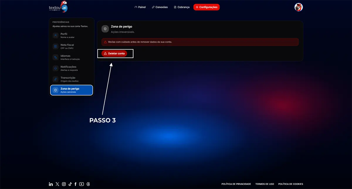 Zona de Perigo com a ação Deletar conta