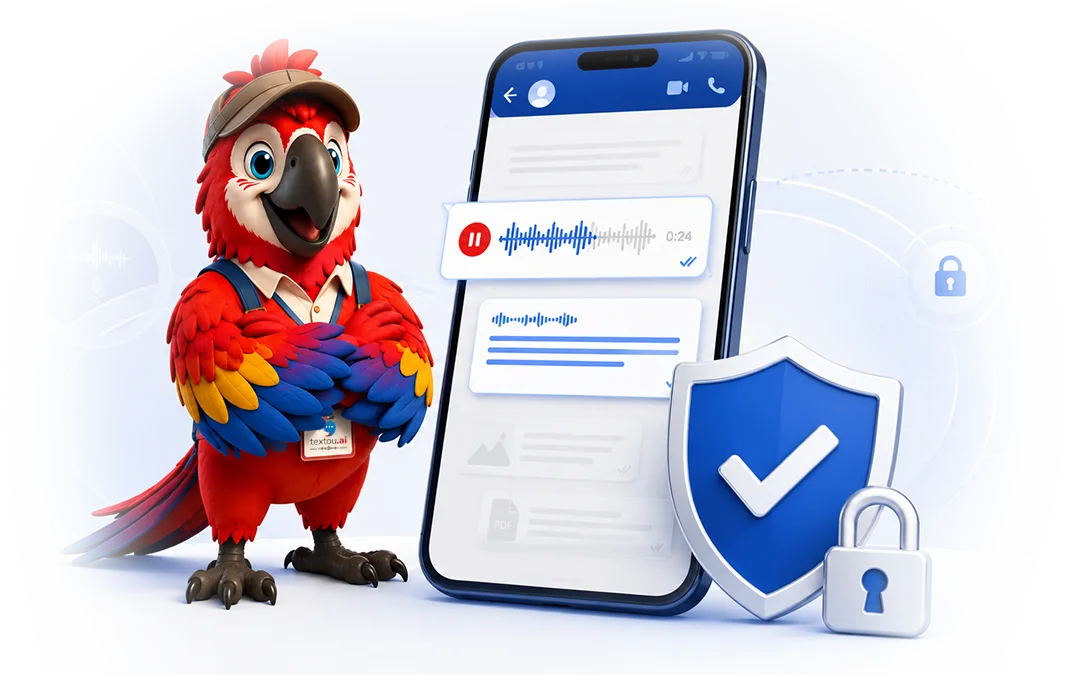 Tex, o papagaio da Textou.ai, ao lado de um celular com um escudo e um cadeado.