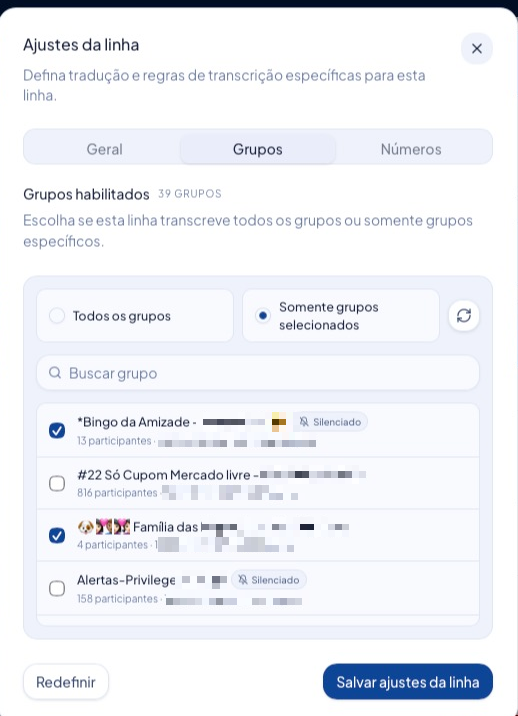 Ajustes da linha, aba Grupos: lista com busca e chave por grupo
