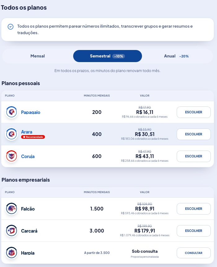 Tabela de planos com o prazo Semestral selecionado, mostrando o preco cheio riscado acima do valor com desconto