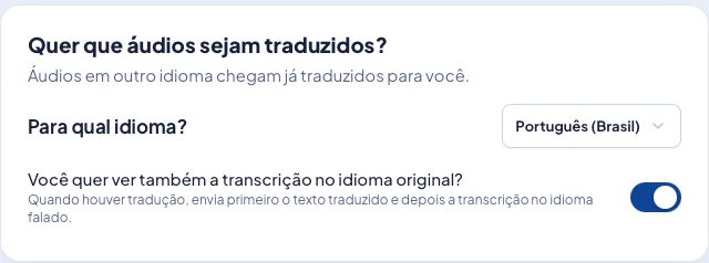 Cartao de traducao: idioma Portugues (Brasil) e a opcao de receber tambem a transcricao original
